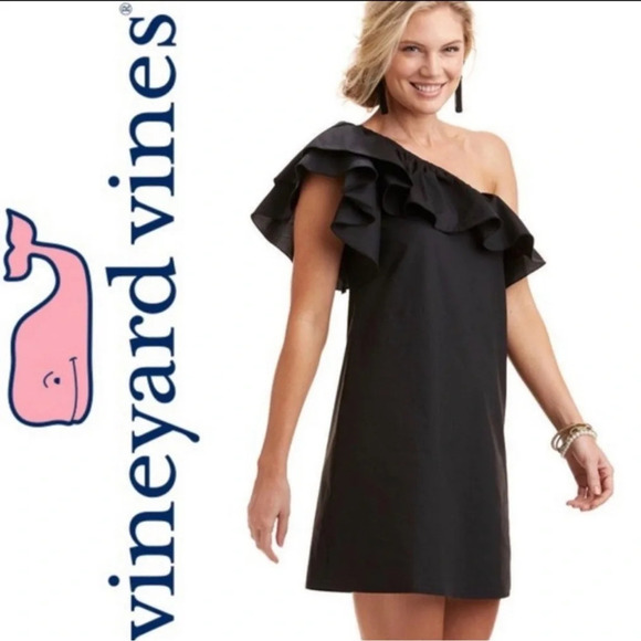 Vineyard Vines Size Small One Shoulder Ruffle Short Dress Jet Black 100% cotton - Picture 3 of 14